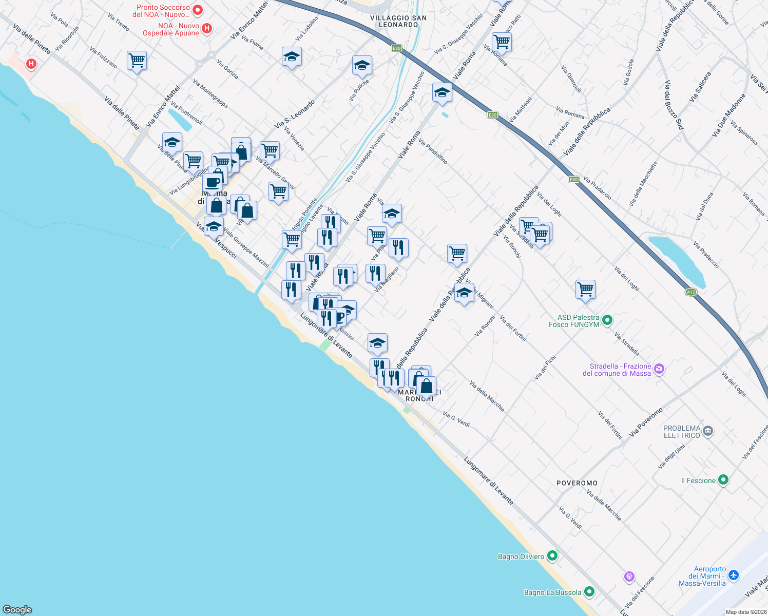 map of restaurants, bars, coffee shops, grocery stores, and more near 6 Via Montecatini in Massa