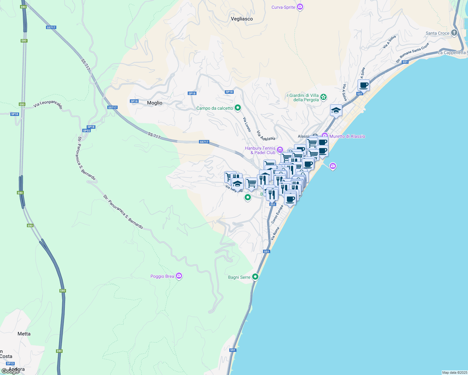 map of restaurants, bars, coffee shops, grocery stores, and more near 121 Via Neghelli in Alassio