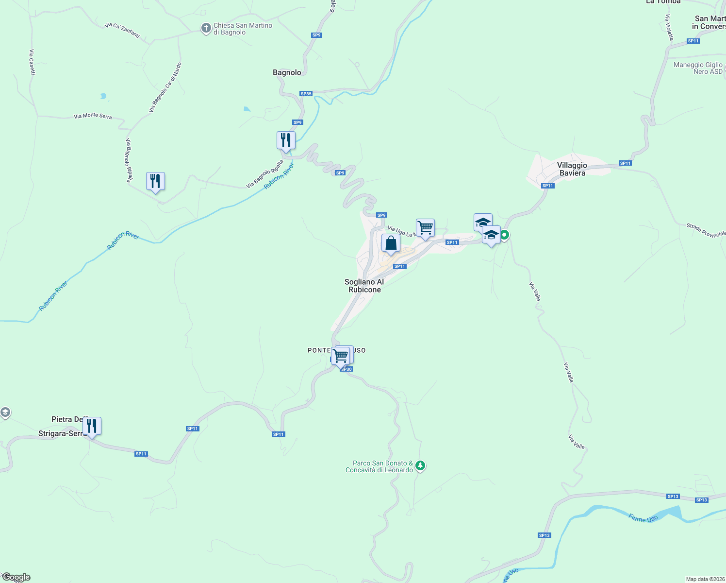 map of restaurants, bars, coffee shops, grocery stores, and more near 5 Via della Resistenza in Sogliano Al Rubicone