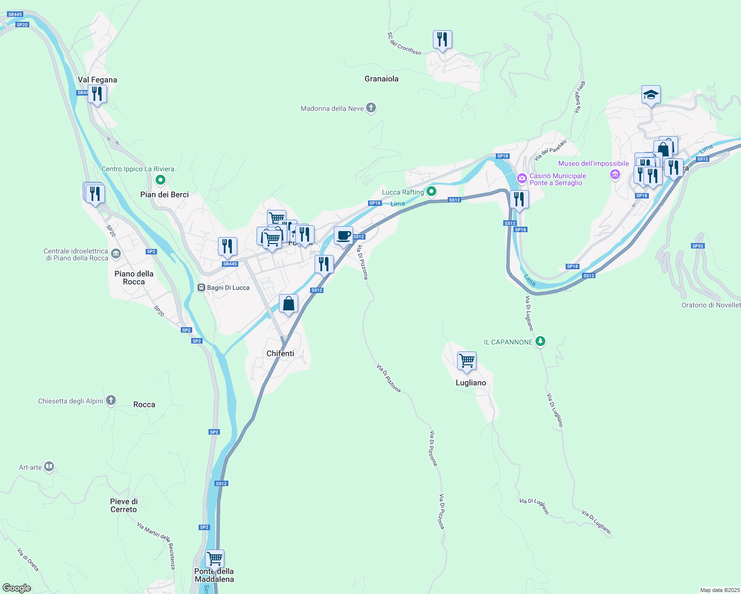 map of restaurants, bars, coffee shops, grocery stores, and more near 12 Via di Pizzorna in Provincia di Lucca