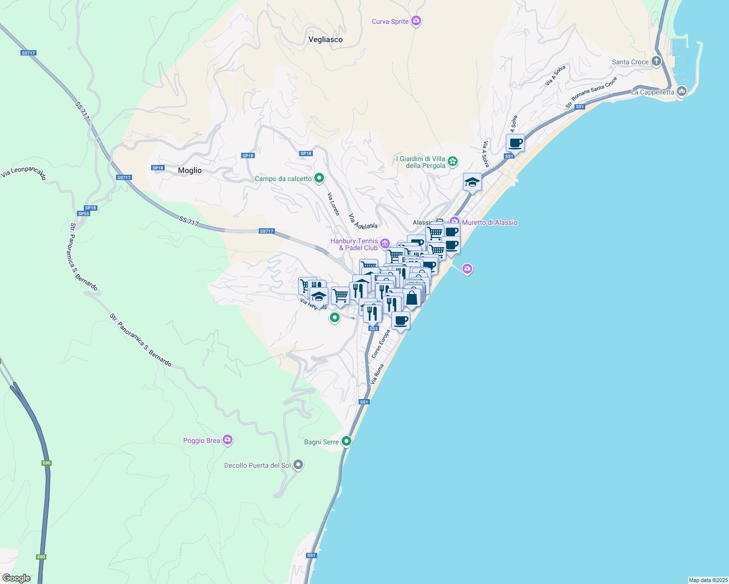 map of restaurants, bars, coffee shops, grocery stores, and more near 18 Via G.Gastaldi in Alassio