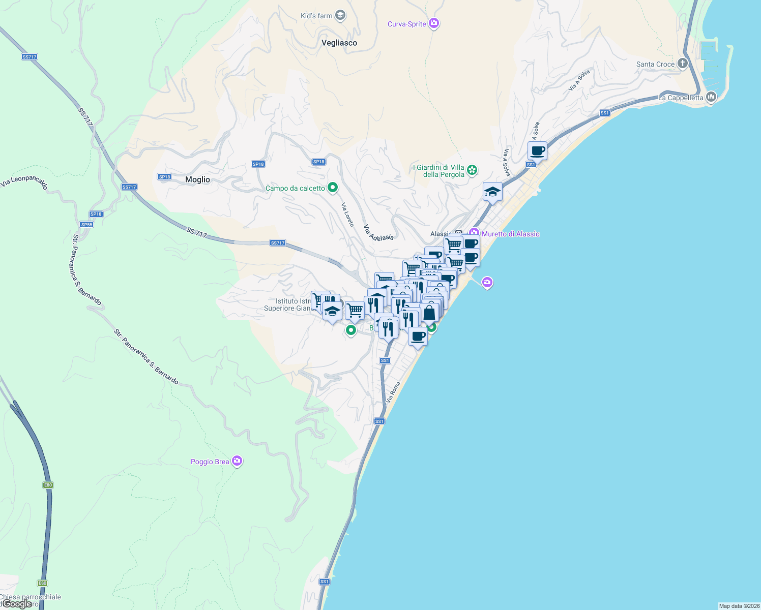 map of restaurants, bars, coffee shops, grocery stores, and more near 18 Via G.Gastaldi in Alassio