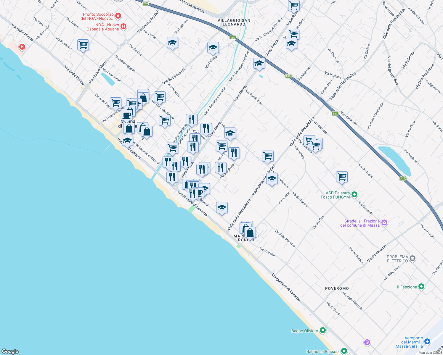map of restaurants, bars, coffee shops, grocery stores, and more near 21 Via Magliano in Massa