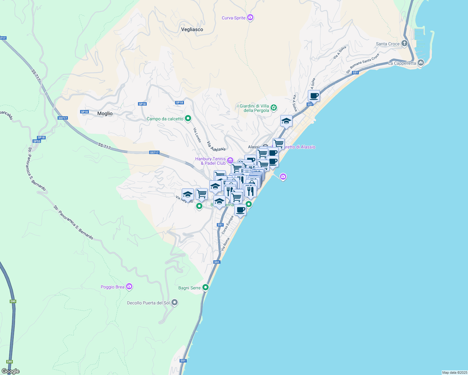 map of restaurants, bars, coffee shops, grocery stores, and more near 72 Via Dante in Alassio