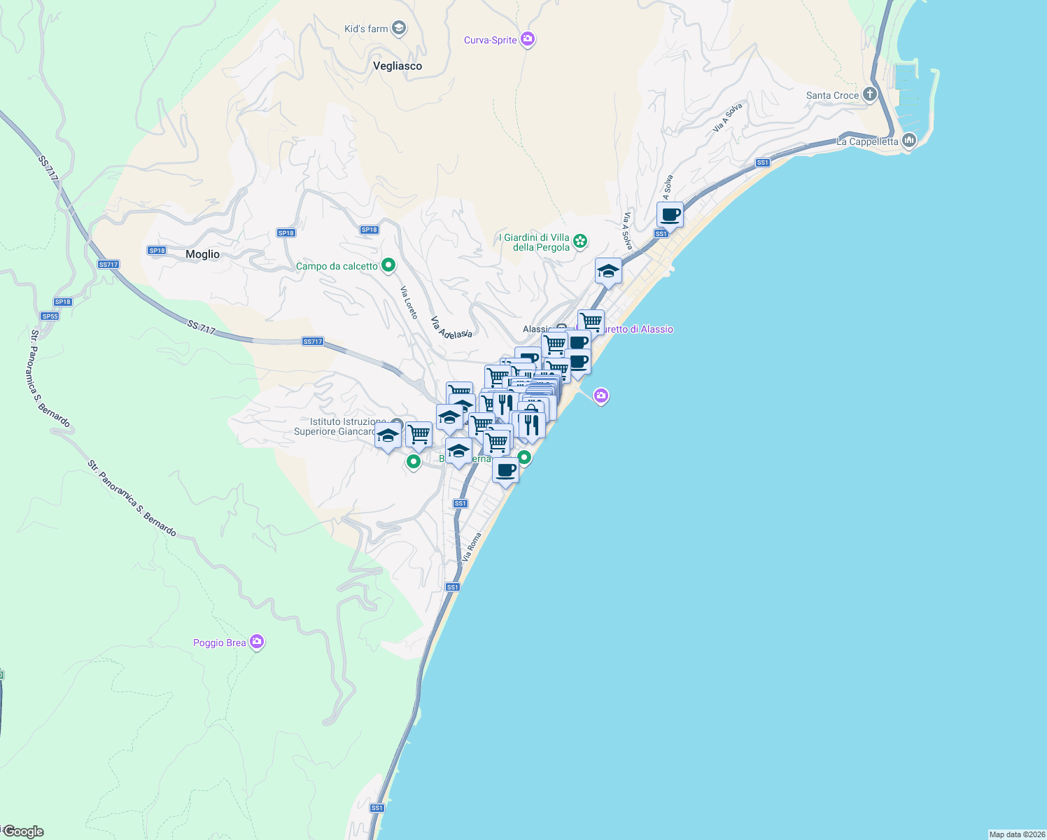 map of restaurants, bars, coffee shops, grocery stores, and more near 20-22 Via Giuseppe Verdi in Alassio