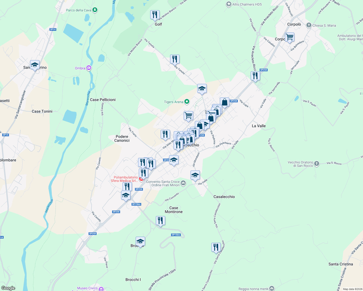 map of restaurants, bars, coffee shops, grocery stores, and more near 30 Via del Vecchio Ghetto in Villa Verucchio