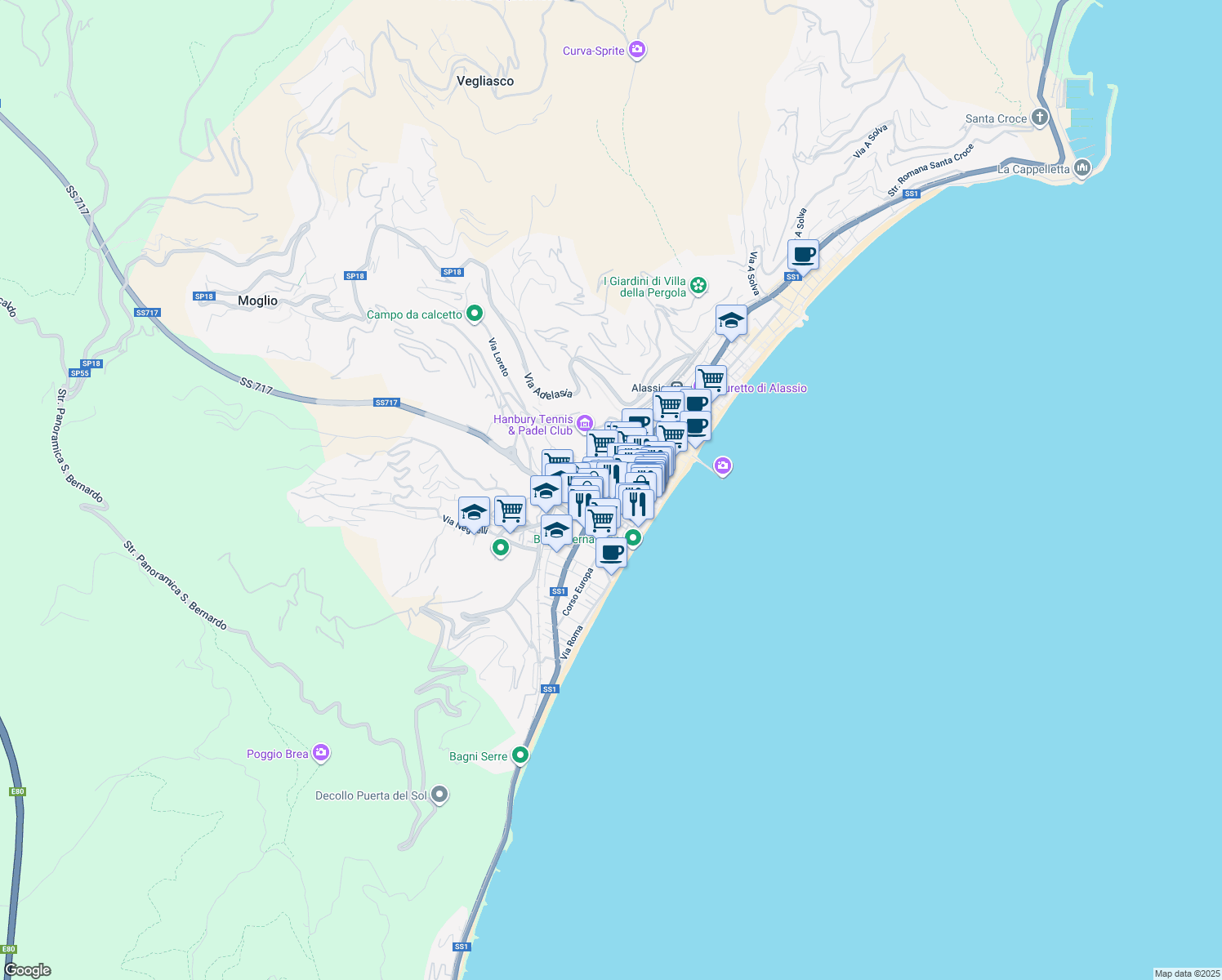 map of restaurants, bars, coffee shops, grocery stores, and more near 72 Via Dante in Alassio