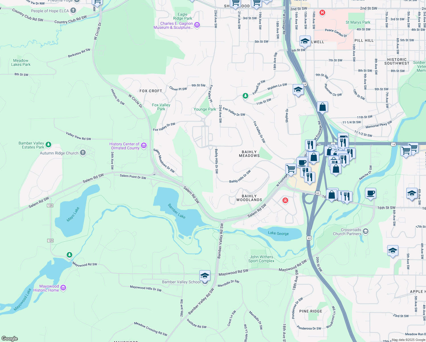 map of restaurants, bars, coffee shops, grocery stores, and more near 2234 Baihly Hills Drive Southwest in Rochester