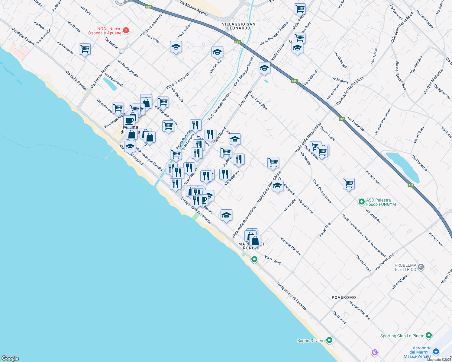 map of restaurants, bars, coffee shops, grocery stores, and more near 21 Via Magliano in Massa