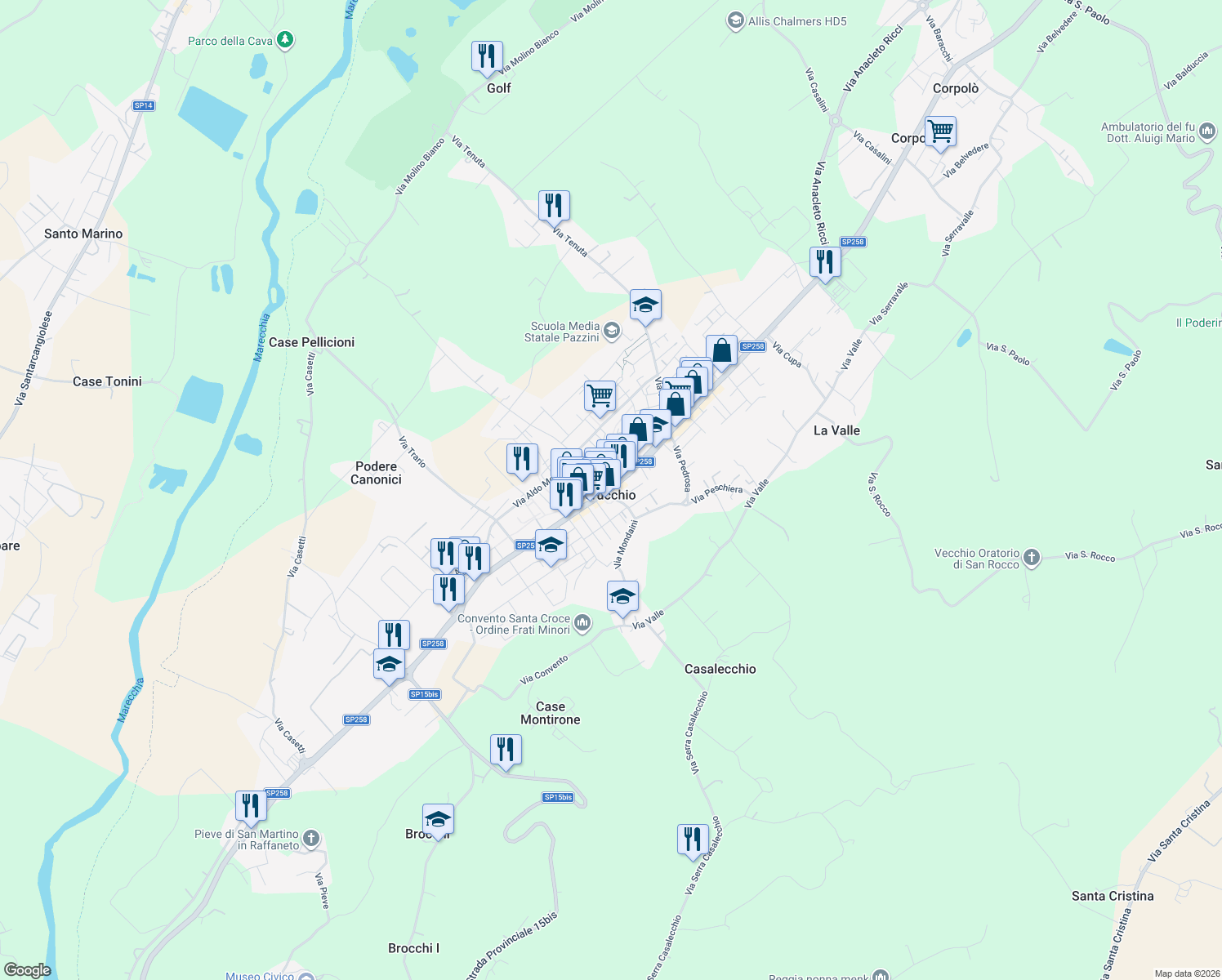 map of restaurants, bars, coffee shops, grocery stores, and more near in Villa Verucchio