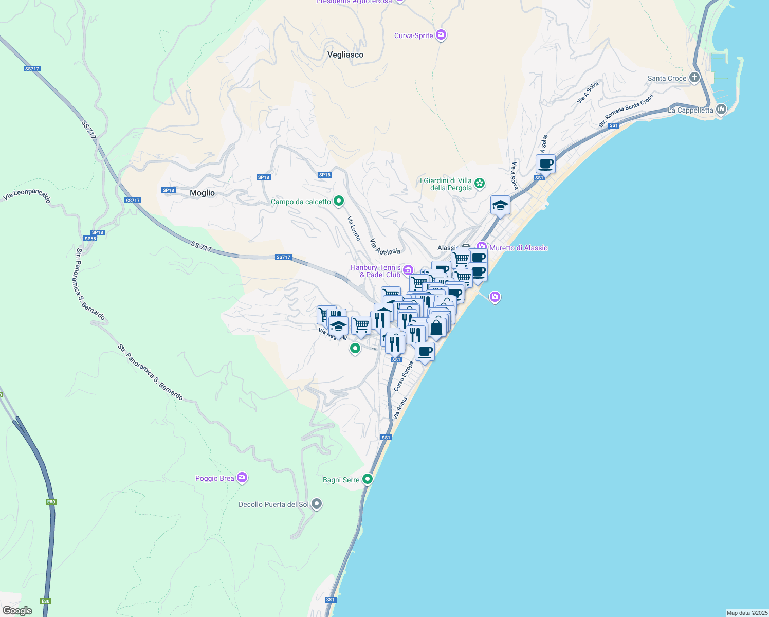 map of restaurants, bars, coffee shops, grocery stores, and more near 18 Via G.Gastaldi in Alassio