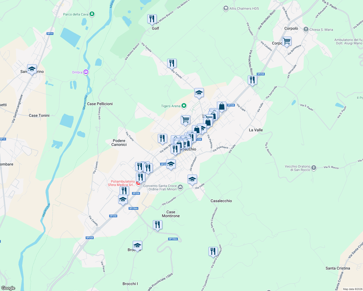 map of restaurants, bars, coffee shops, grocery stores, and more near 30 Via del Vecchio Ghetto in Villa Verucchio