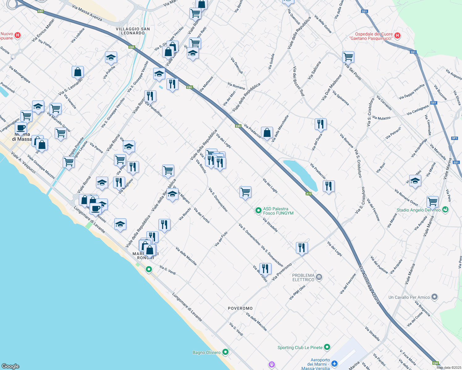 map of restaurants, bars, coffee shops, grocery stores, and more near 17 Via dei Pioppi in Massa