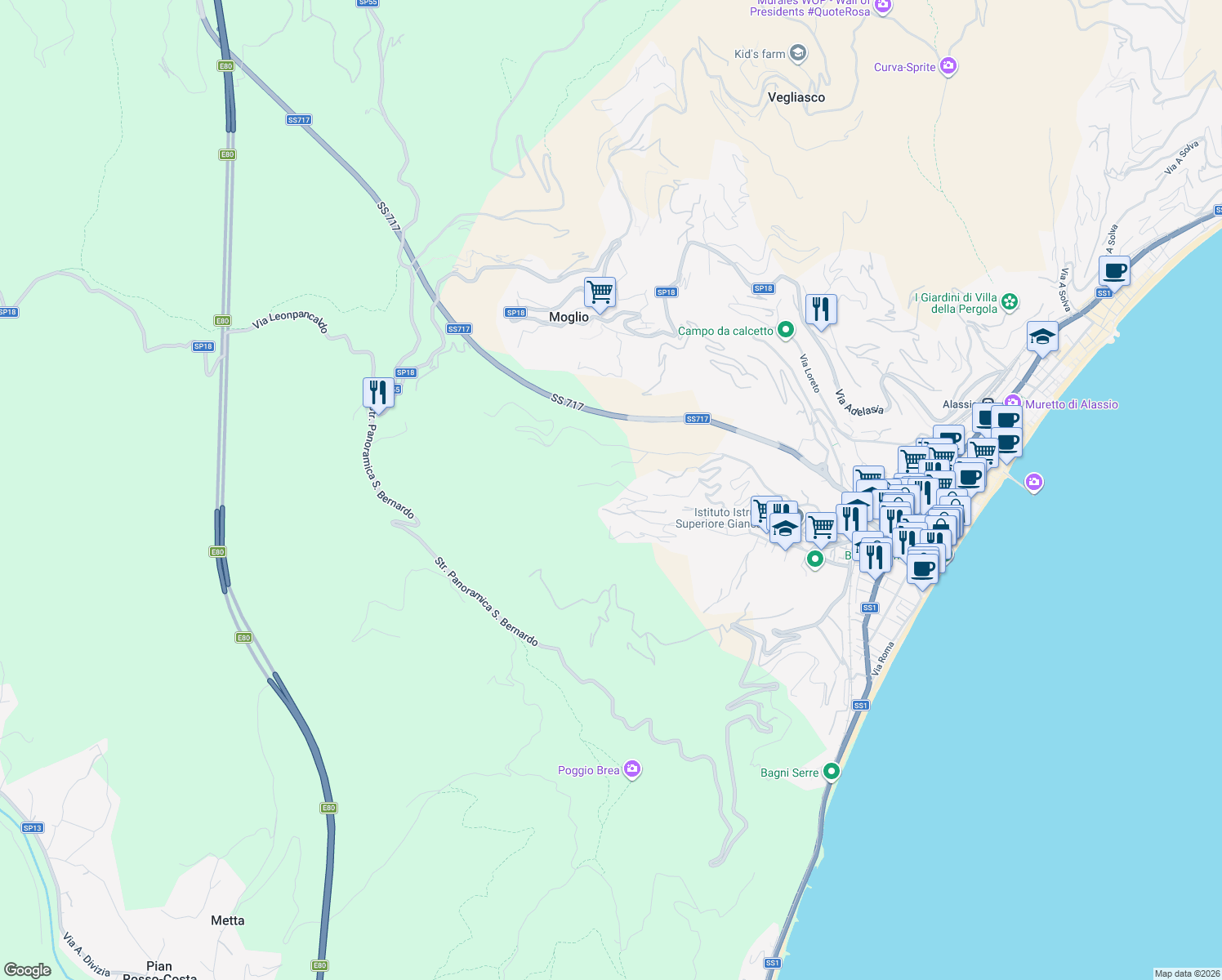map of restaurants, bars, coffee shops, grocery stores, and more near 65 Regione Fenarina in Alassio