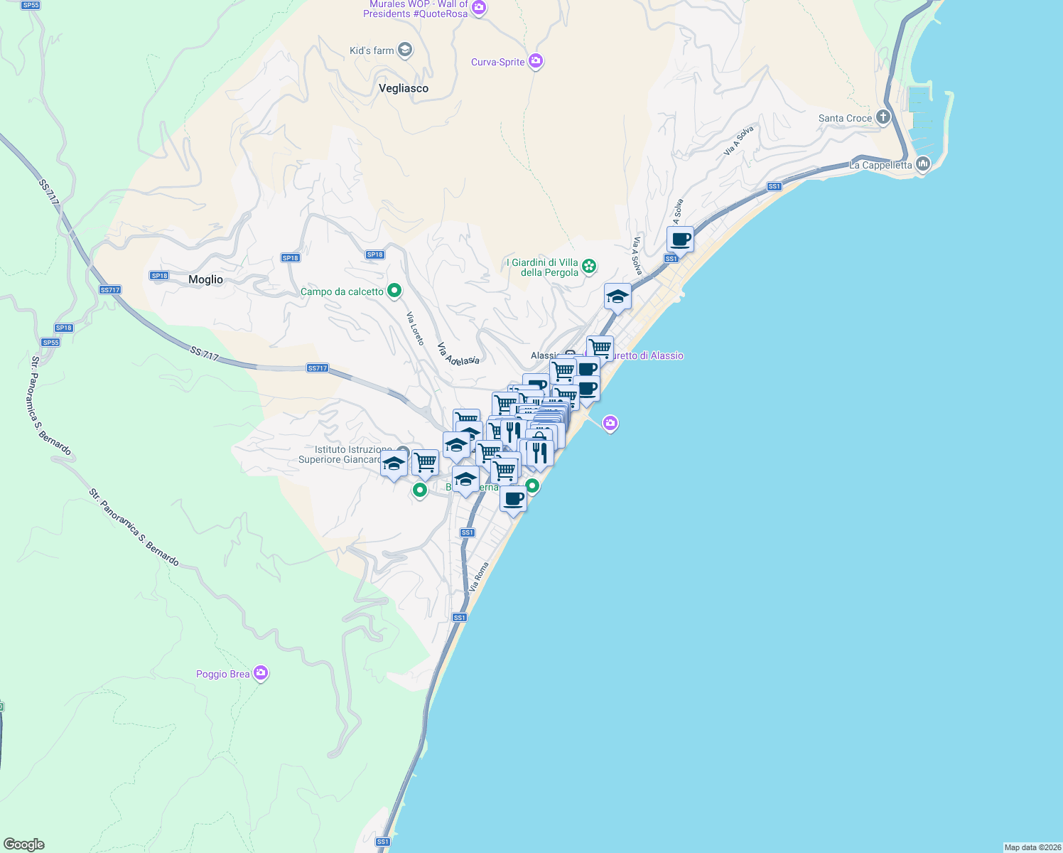 map of restaurants, bars, coffee shops, grocery stores, and more near 20 Via Giuseppe Verdi in Alassio