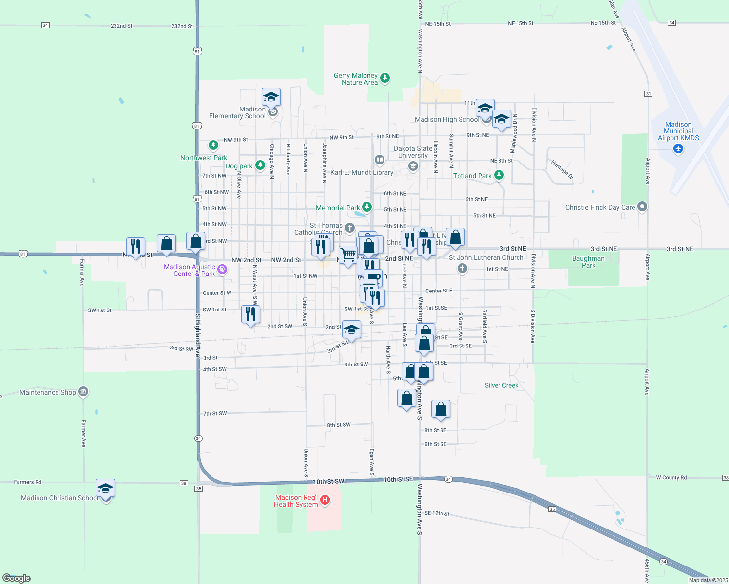 map of restaurants, bars, coffee shops, grocery stores, and more near 111 Center Street West in Madison