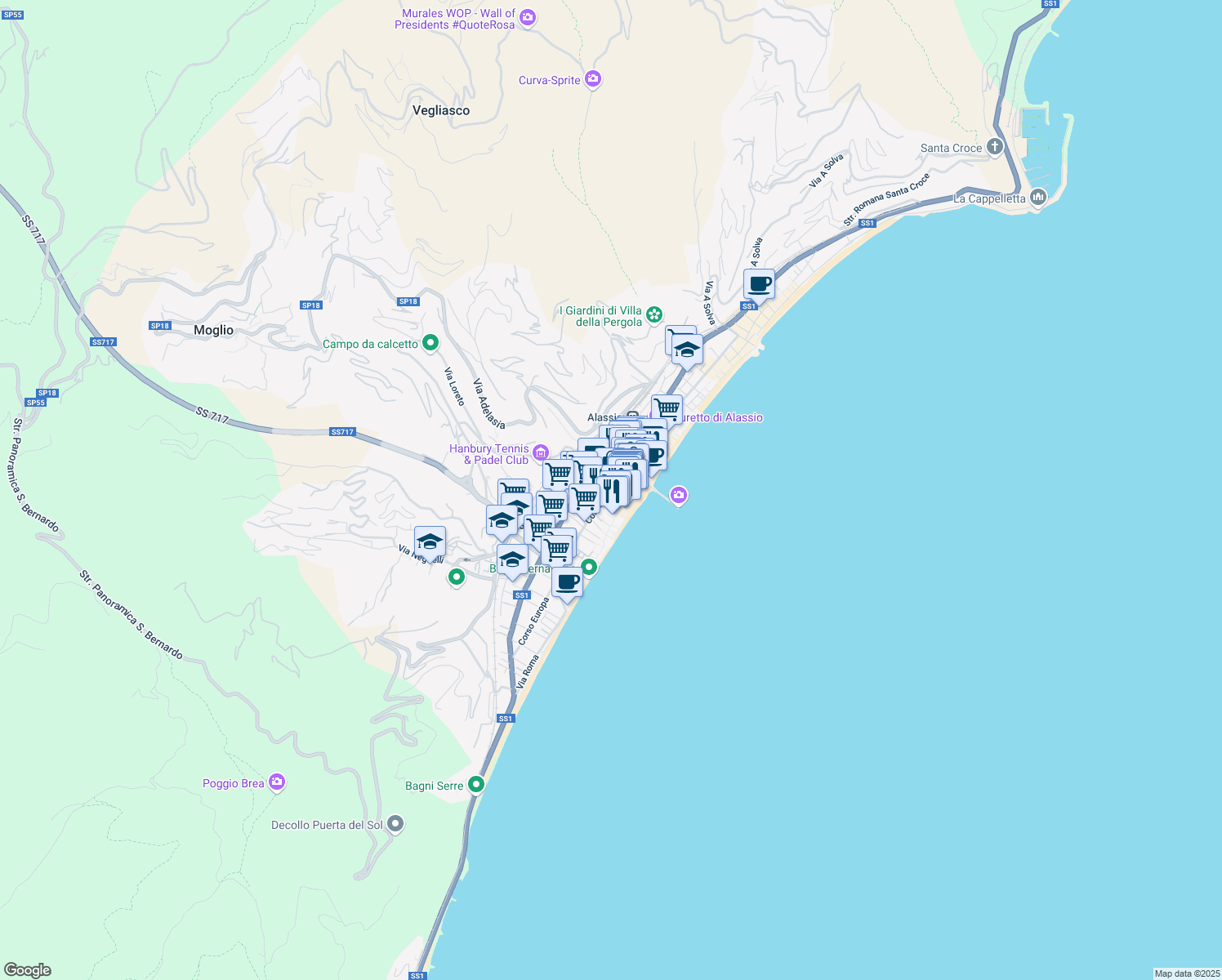 map of restaurants, bars, coffee shops, grocery stores, and more near 14 Via Alessandro Volta in Alassio