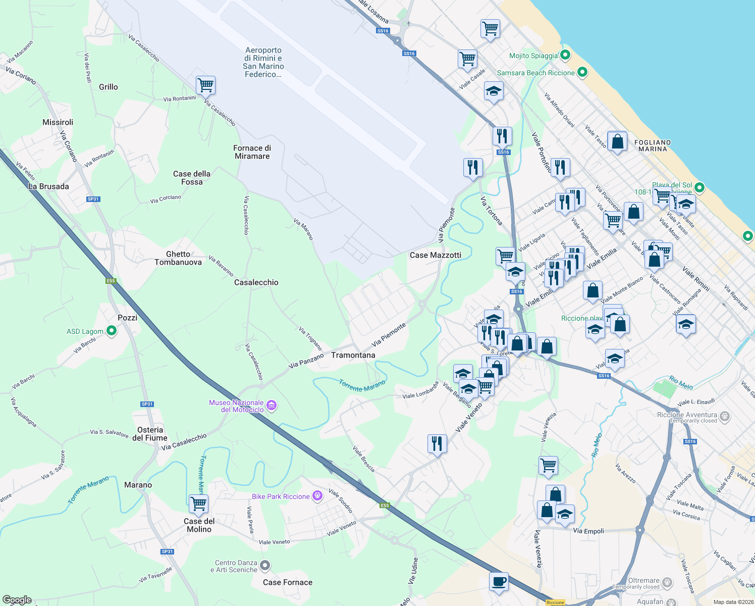 map of restaurants, bars, coffee shops, grocery stores, and more near 25 Viale Albana in Provincia di Rimini