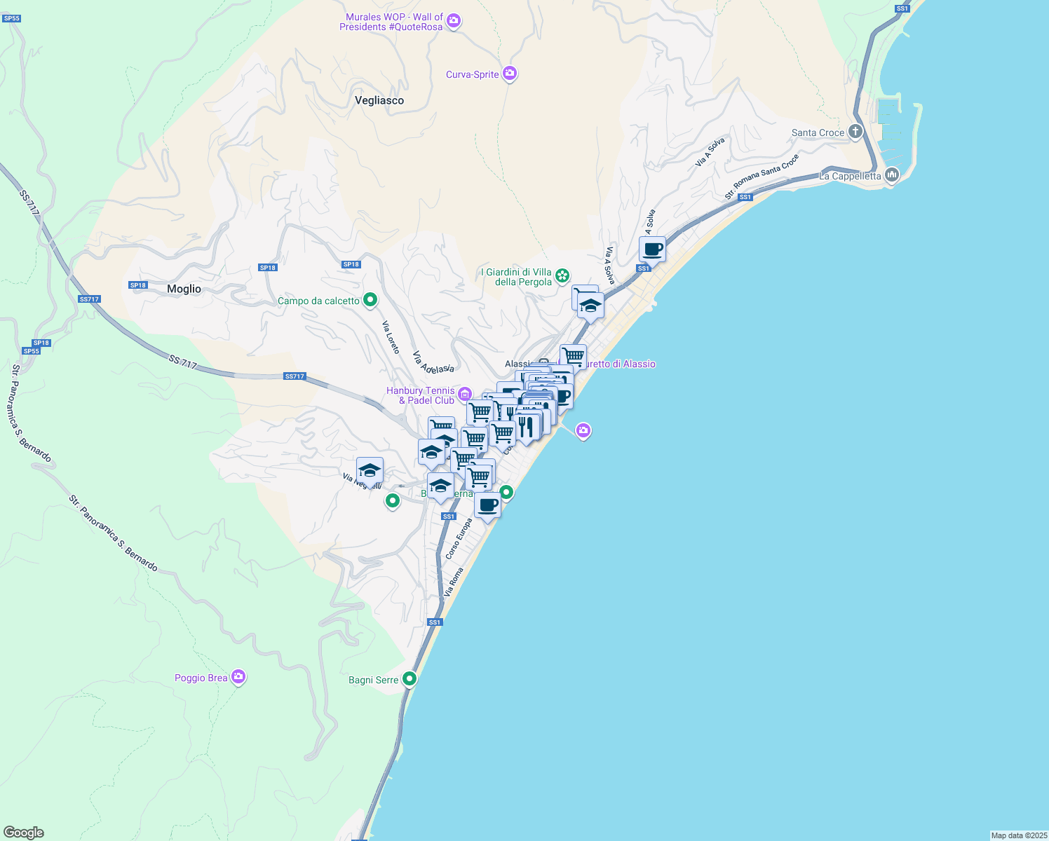 map of restaurants, bars, coffee shops, grocery stores, and more near 14 Via Alessandro Volta in Alassio