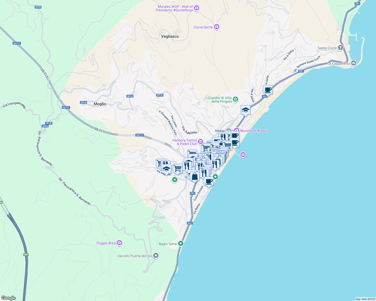 map of restaurants, bars, coffee shops, grocery stores, and more near 18 Regione San Rocco in Alassio