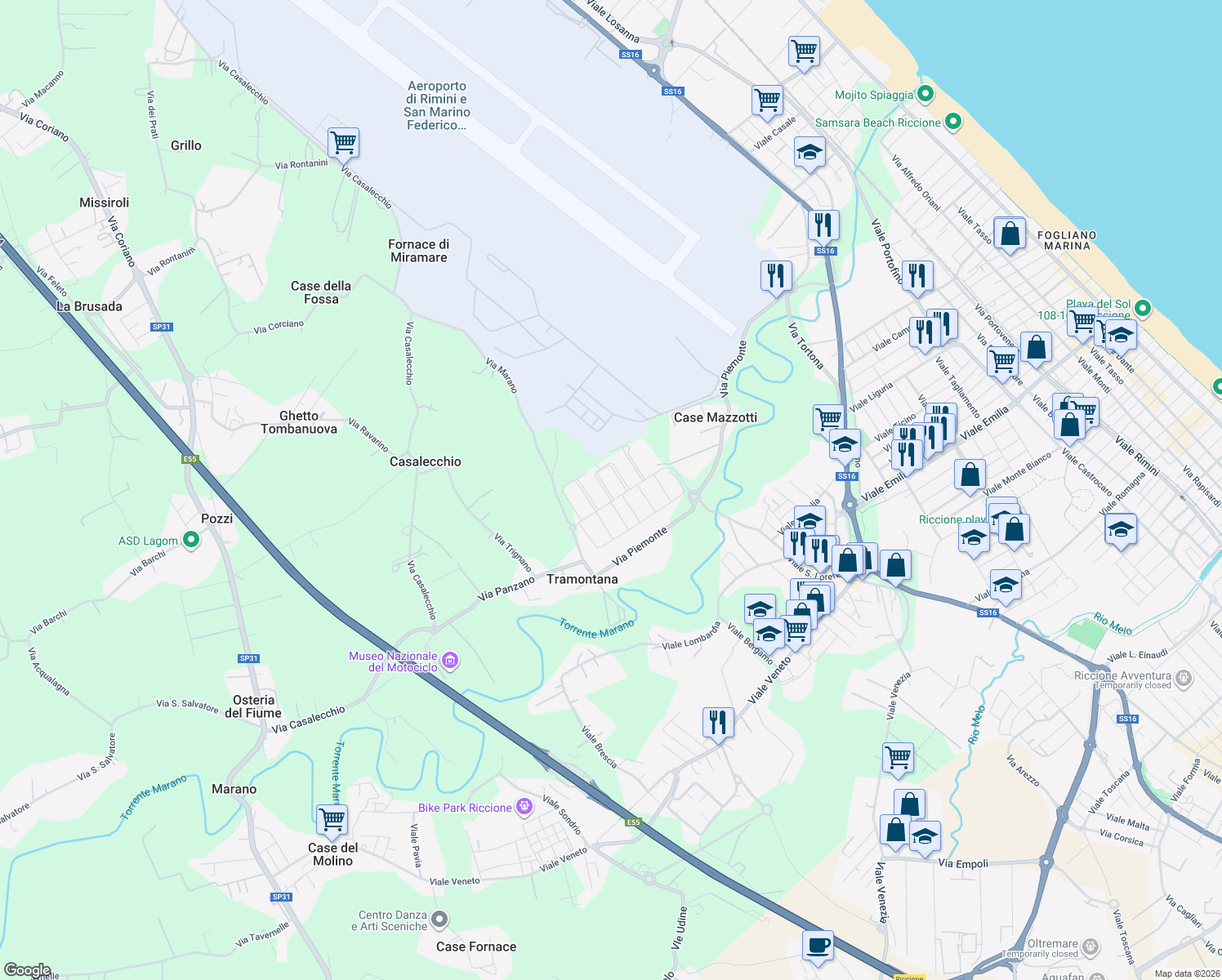 map of restaurants, bars, coffee shops, grocery stores, and more near 25 Viale Albana in Provincia di Rimini