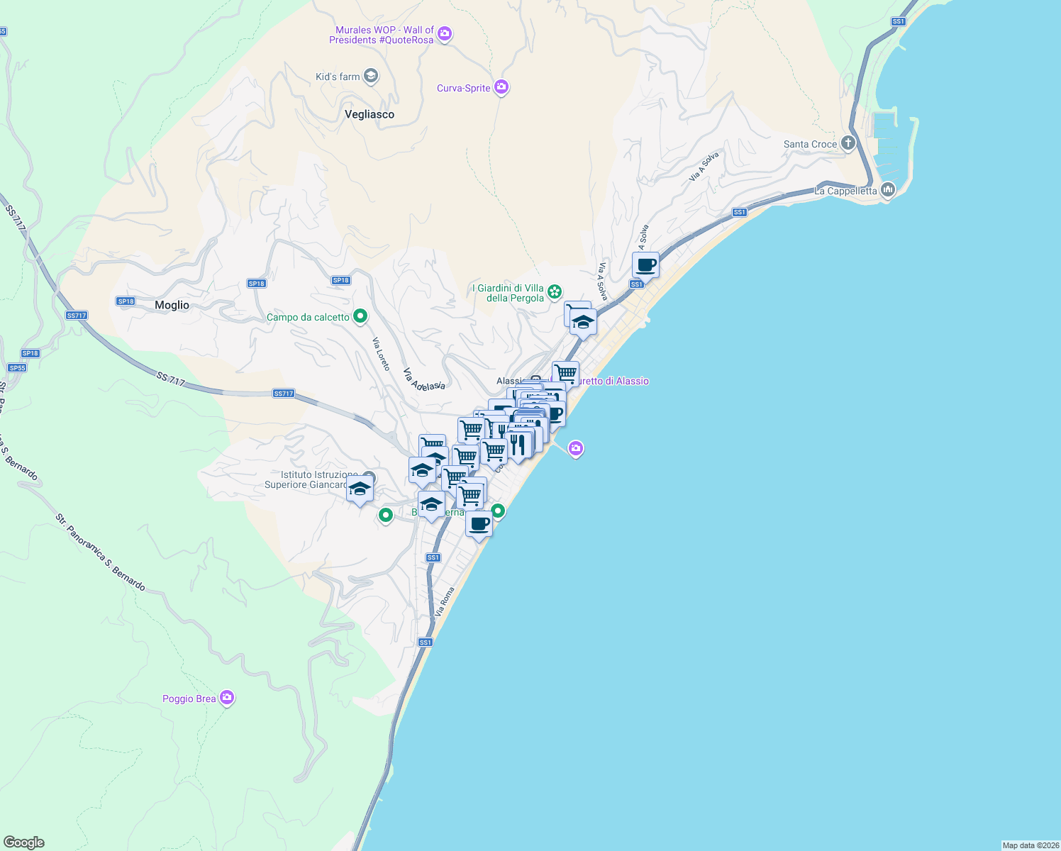 map of restaurants, bars, coffee shops, grocery stores, and more near 14 Via Alessandro Volta in Alassio