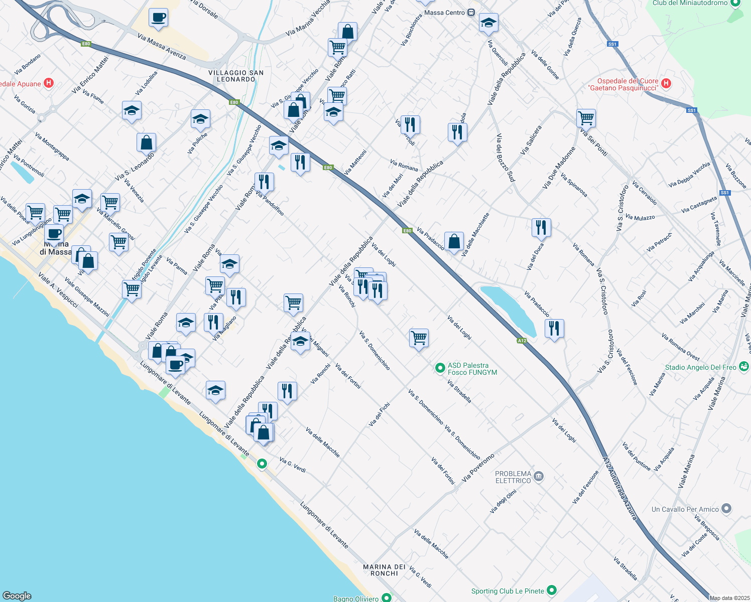 map of restaurants, bars, coffee shops, grocery stores, and more near 57 Via Stradella in Massa