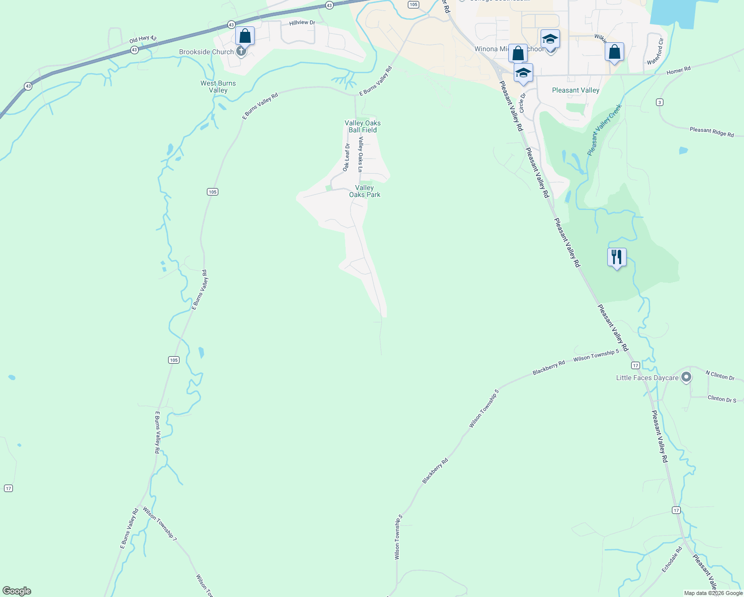 map of restaurants, bars, coffee shops, grocery stores, and more near 375 Valley Oaks Drive in Winona