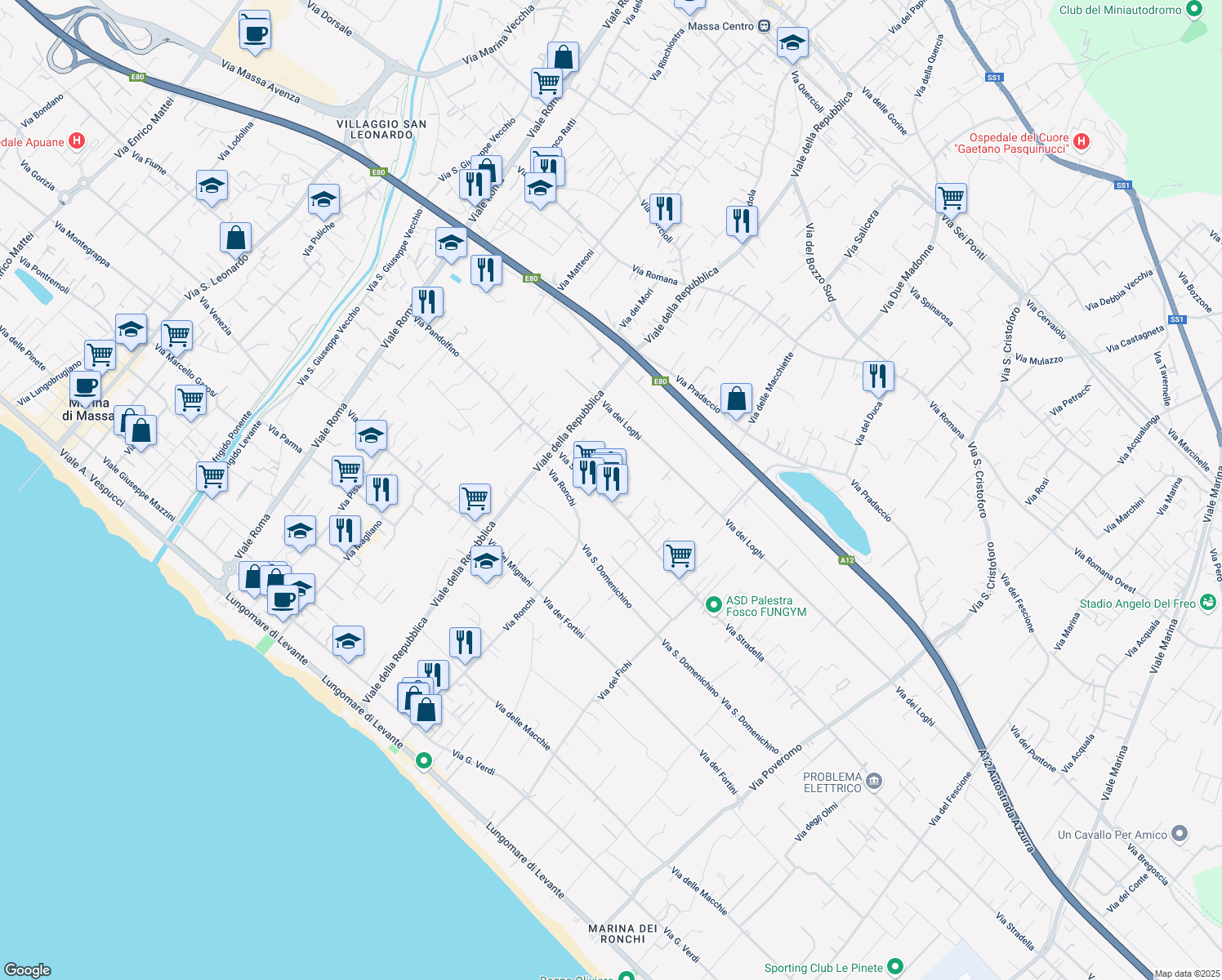map of restaurants, bars, coffee shops, grocery stores, and more near 57 Via Stradella in Massa