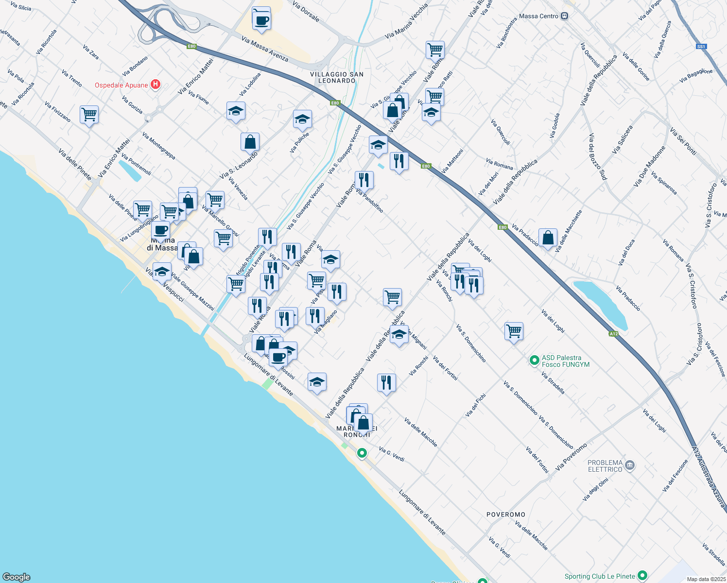 map of restaurants, bars, coffee shops, grocery stores, and more near 243 Via Arezzo in Massa