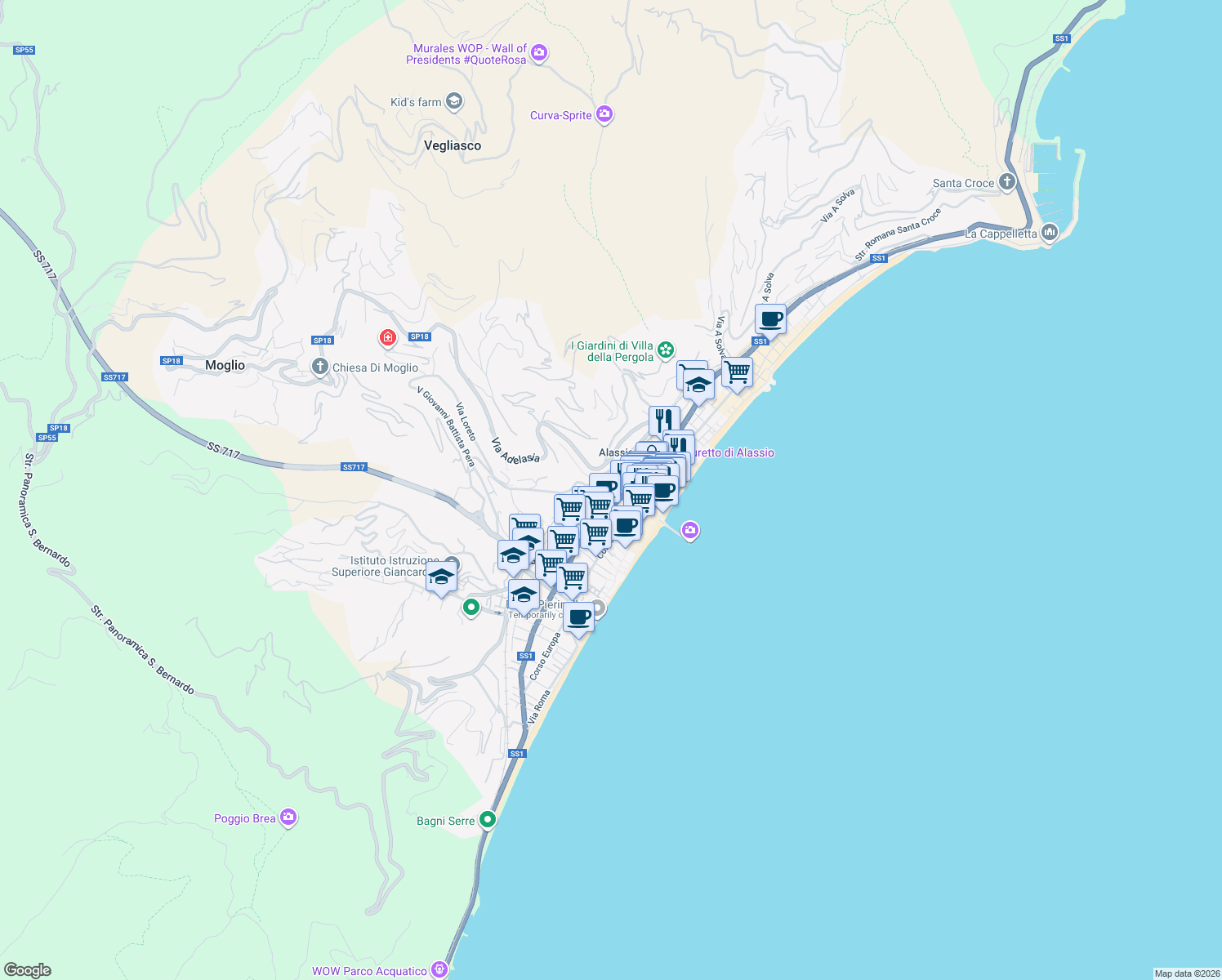 map of restaurants, bars, coffee shops, grocery stores, and more near 4 Via Goffredo Mameli in Alassio