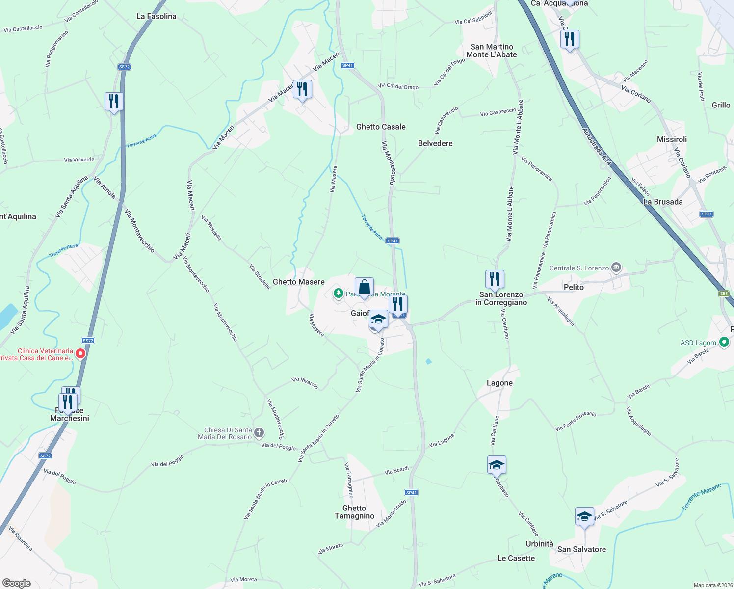 map of restaurants, bars, coffee shops, grocery stores, and more near 1 Via Agostino Gemelli in Gaiofana