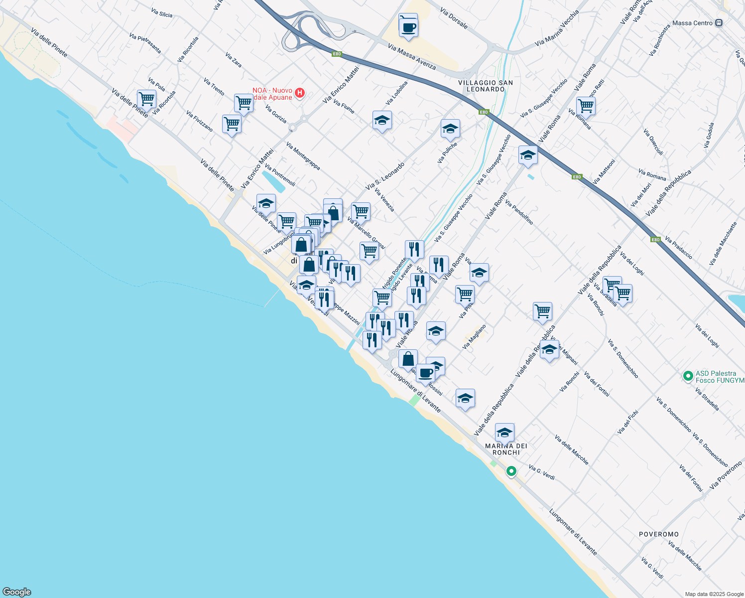 map of restaurants, bars, coffee shops, grocery stores, and more near 6 Lungofrigido Ponente in Marina di Massa