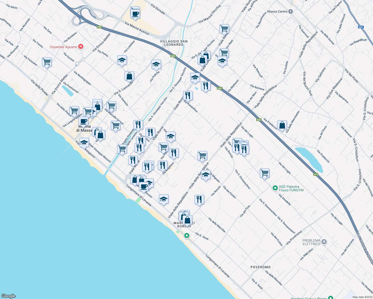 map of restaurants, bars, coffee shops, grocery stores, and more near 243 Via Arezzo in Massa