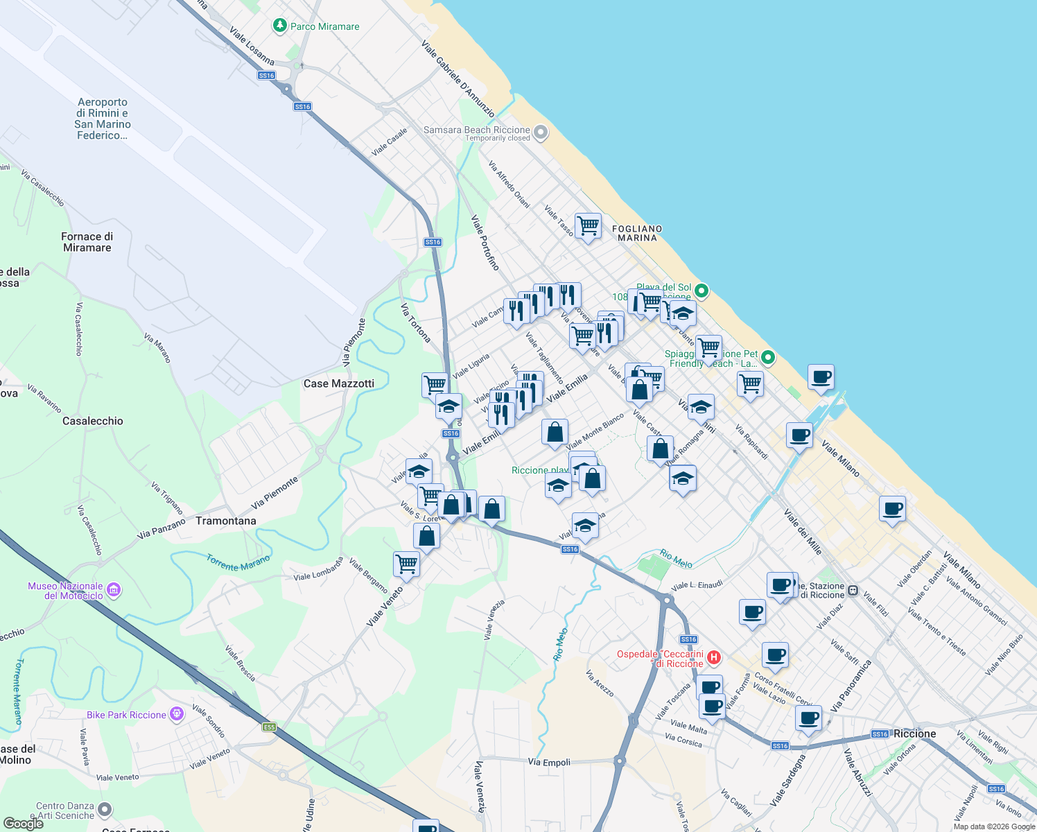 map of restaurants, bars, coffee shops, grocery stores, and more near 9A Viale Isonzo in Riccione