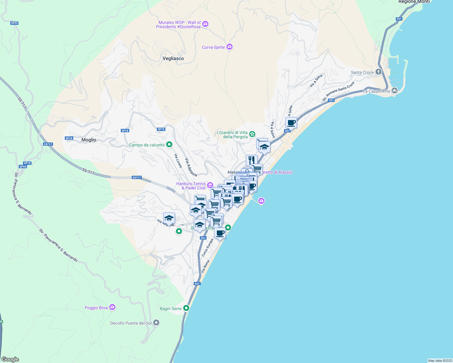 map of restaurants, bars, coffee shops, grocery stores, and more near 21 Via Michelangelo Buonarroti in Alassio