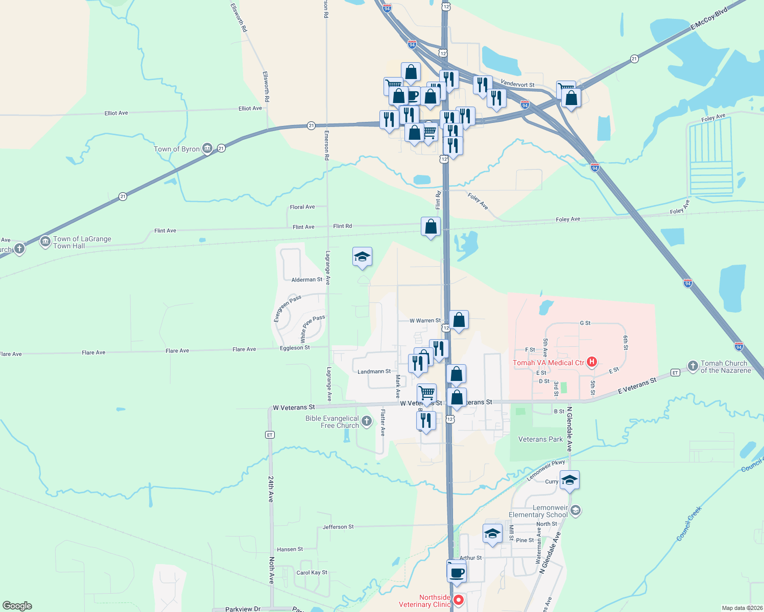 map of restaurants, bars, coffee shops, grocery stores, and more near 1320 Balsam Avenue in Tomah