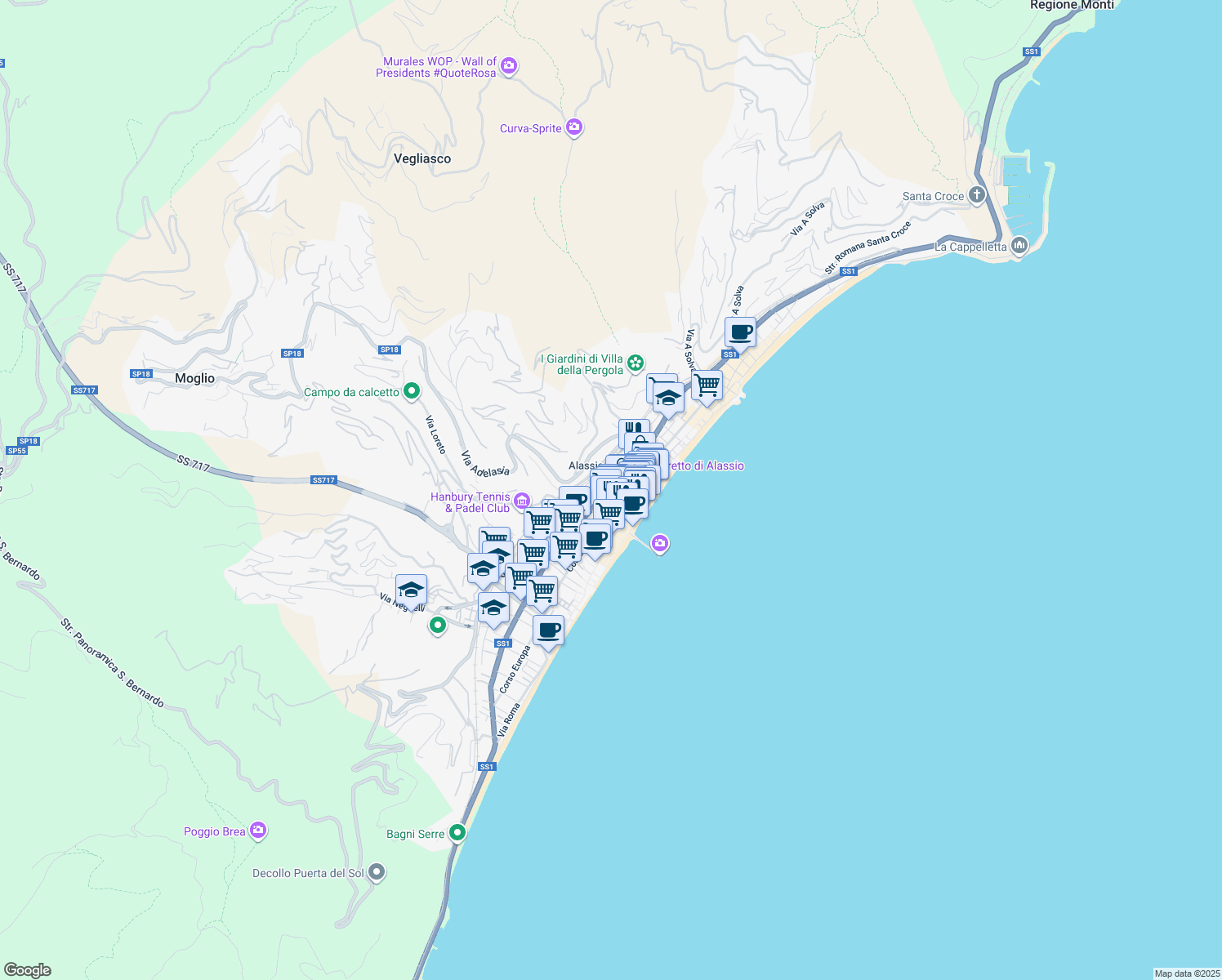 map of restaurants, bars, coffee shops, grocery stores, and more near 271A Corso Dante Alighieri in Alassio