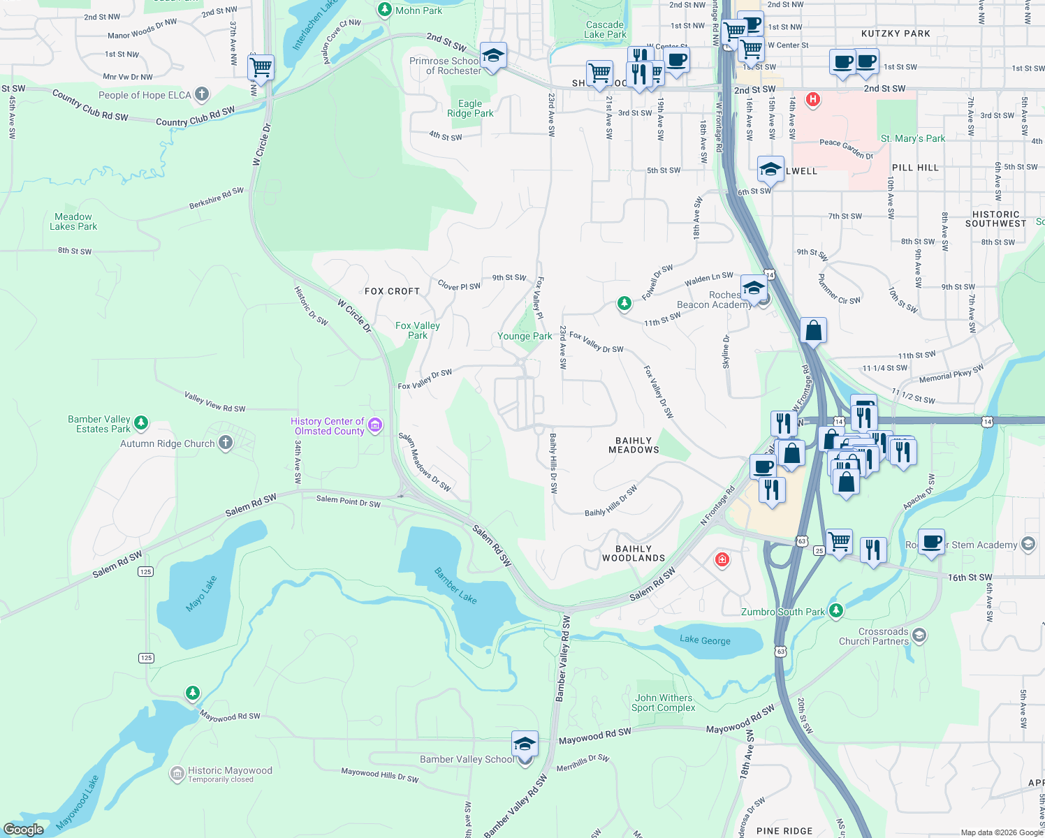 map of restaurants, bars, coffee shops, grocery stores, and more near 1210 Grey Fox Avenue Southwest in Rochester