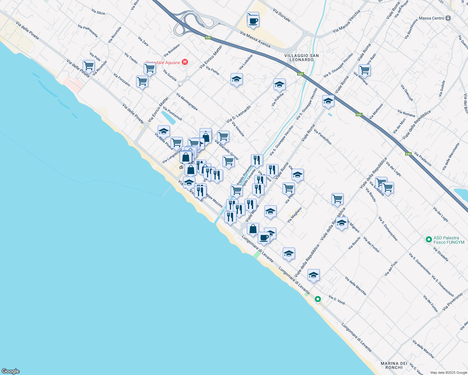map of restaurants, bars, coffee shops, grocery stores, and more near 6 Lungofrigido Ponente in Marina di Massa