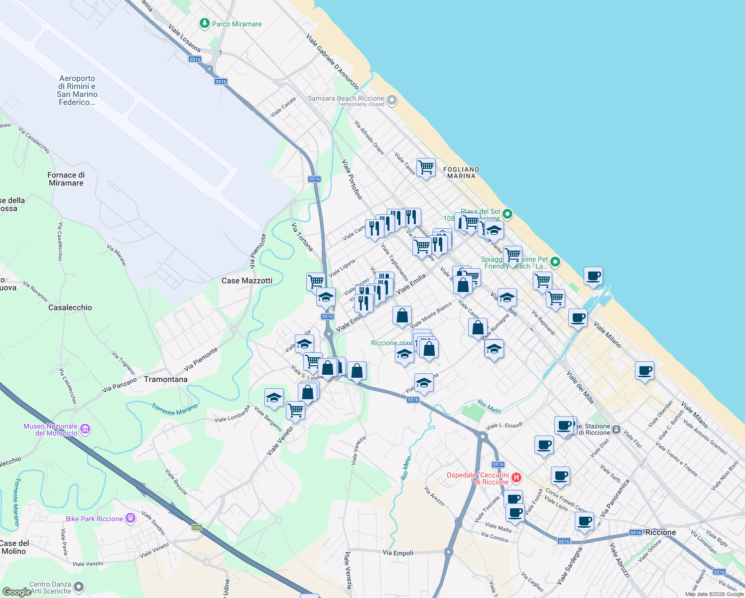 map of restaurants, bars, coffee shops, grocery stores, and more near 9A Viale Isonzo in Riccione