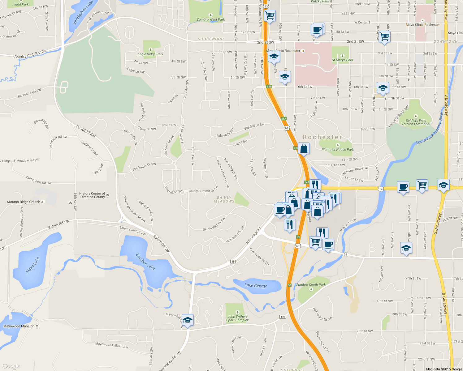 map of restaurants, bars, coffee shops, grocery stores, and more near 1933 Baihly Estates Lane Southwest in Rochester