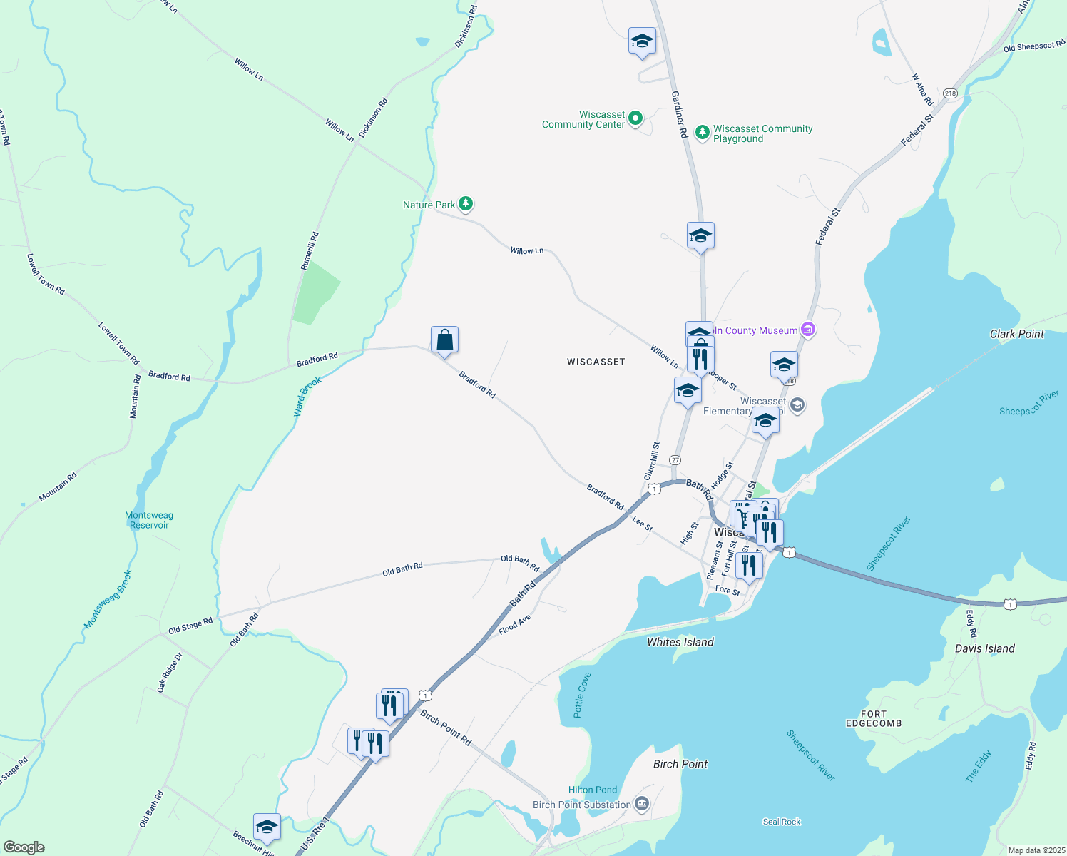 map of restaurants, bars, coffee shops, grocery stores, and more near 83 Bradford Road in Wiscasset