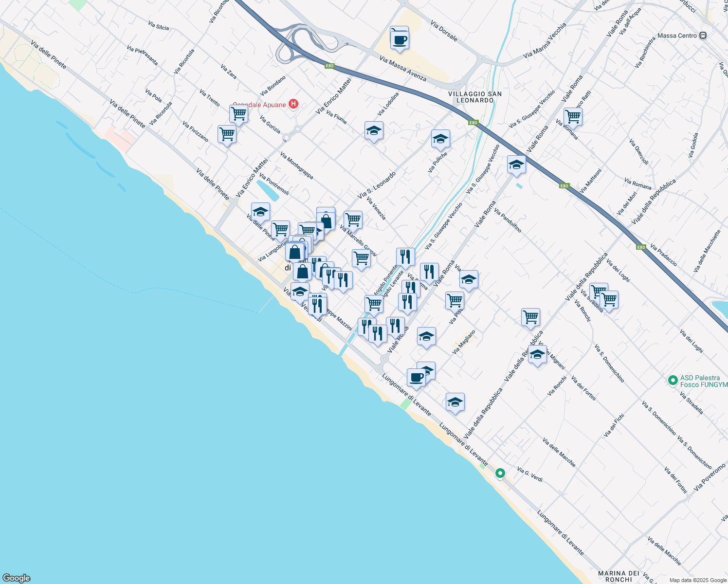 map of restaurants, bars, coffee shops, grocery stores, and more near 6 Lungofrigido Ponente in Marina di Massa