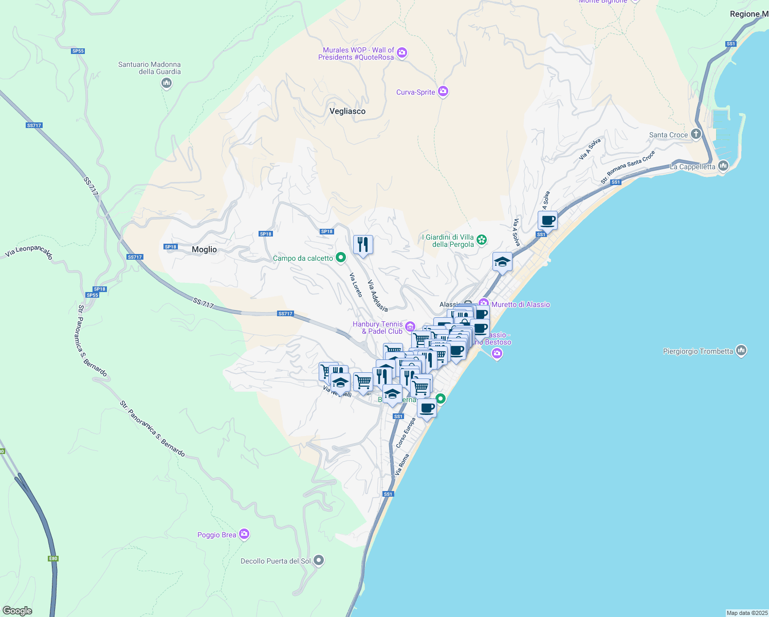 map of restaurants, bars, coffee shops, grocery stores, and more near 44 Via Adelasia in Alassio