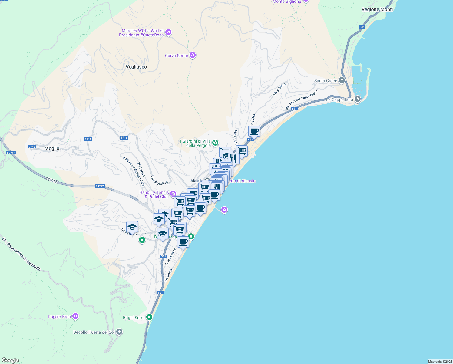 map of restaurants, bars, coffee shops, grocery stores, and more near in Provincia di Savona
