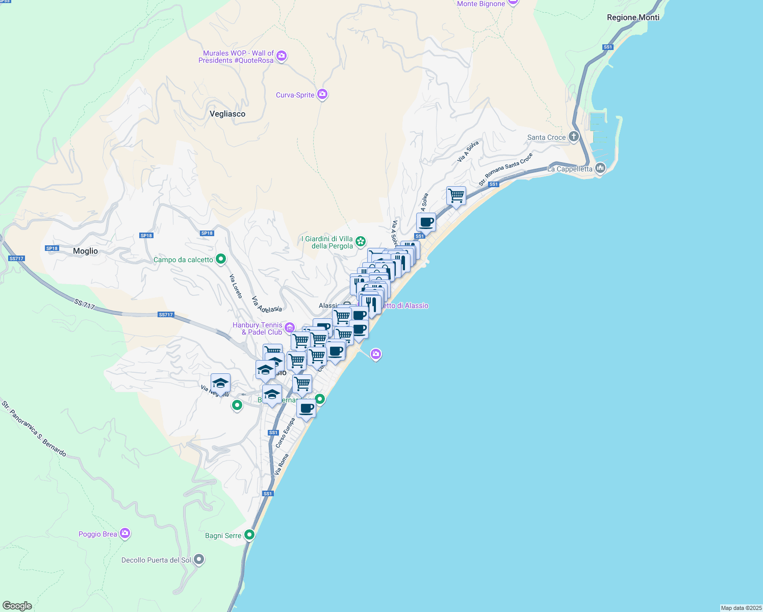 map of restaurants, bars, coffee shops, grocery stores, and more near 33 Piazza dei Partigani in Alassio