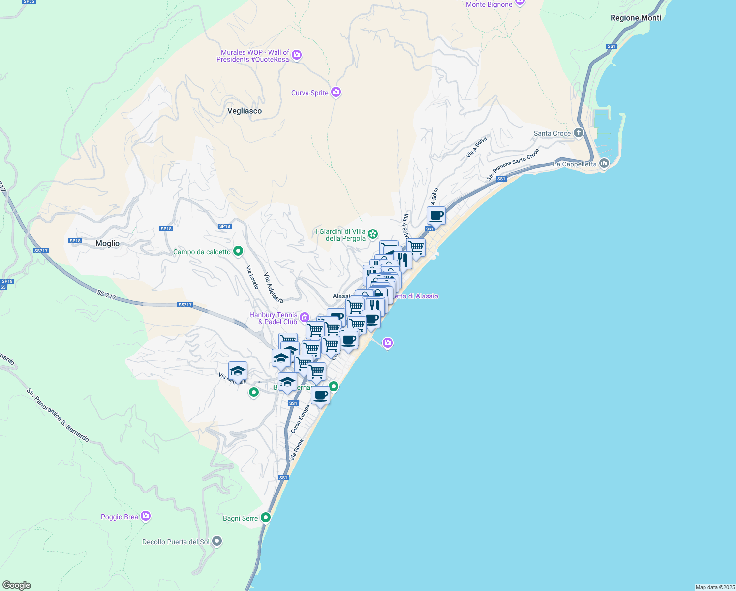 map of restaurants, bars, coffee shops, grocery stores, and more near 55 Via Giuseppe Mazzini in Alassio