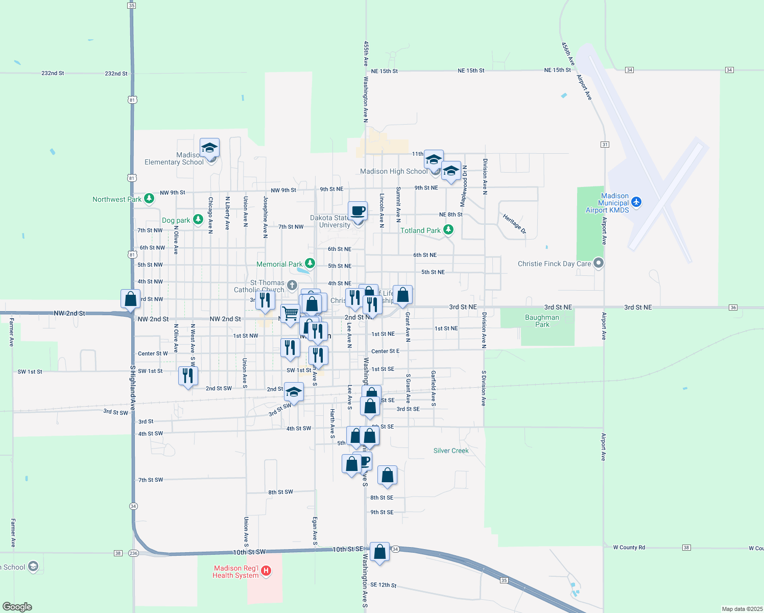 map of restaurants, bars, coffee shops, grocery stores, and more near 401 Lincoln Avenue North in Madison