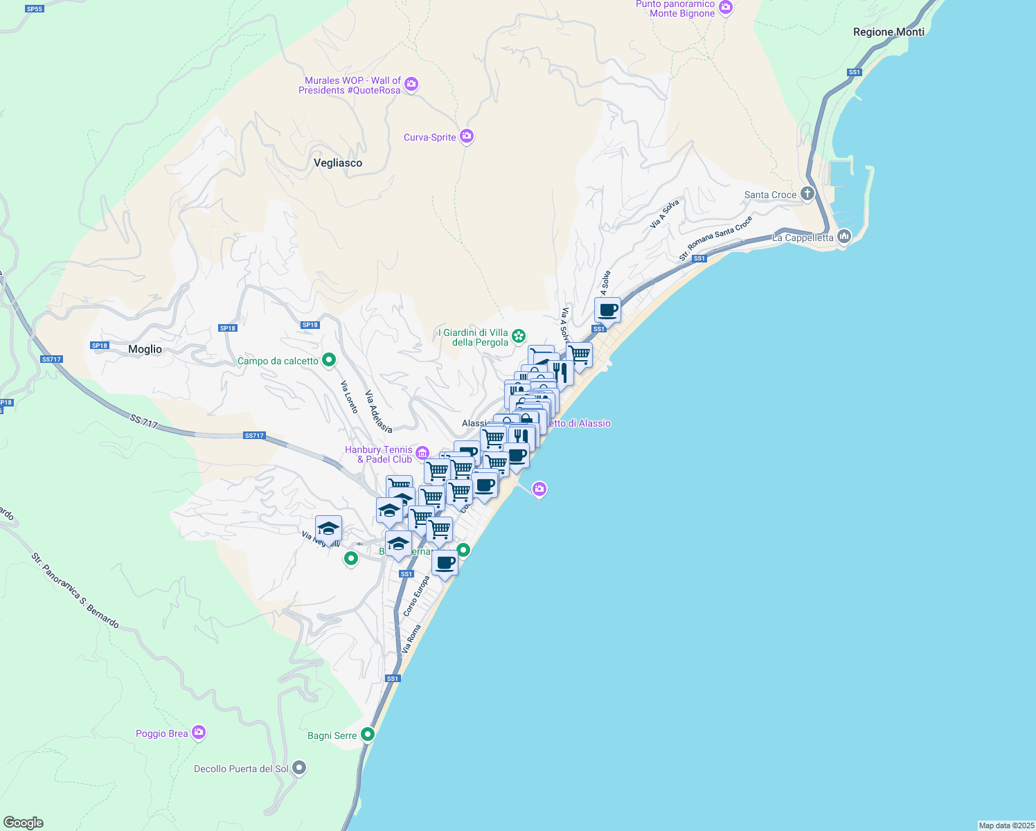 map of restaurants, bars, coffee shops, grocery stores, and more near 55 Via Giuseppe Mazzini in Alassio